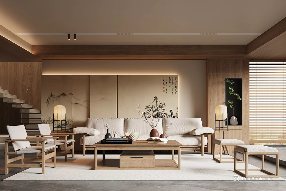 Minimalist Modern Living Room Interior With Wooden Sofa Coffee Table Decorative Art And Floor Lamp 3d model 