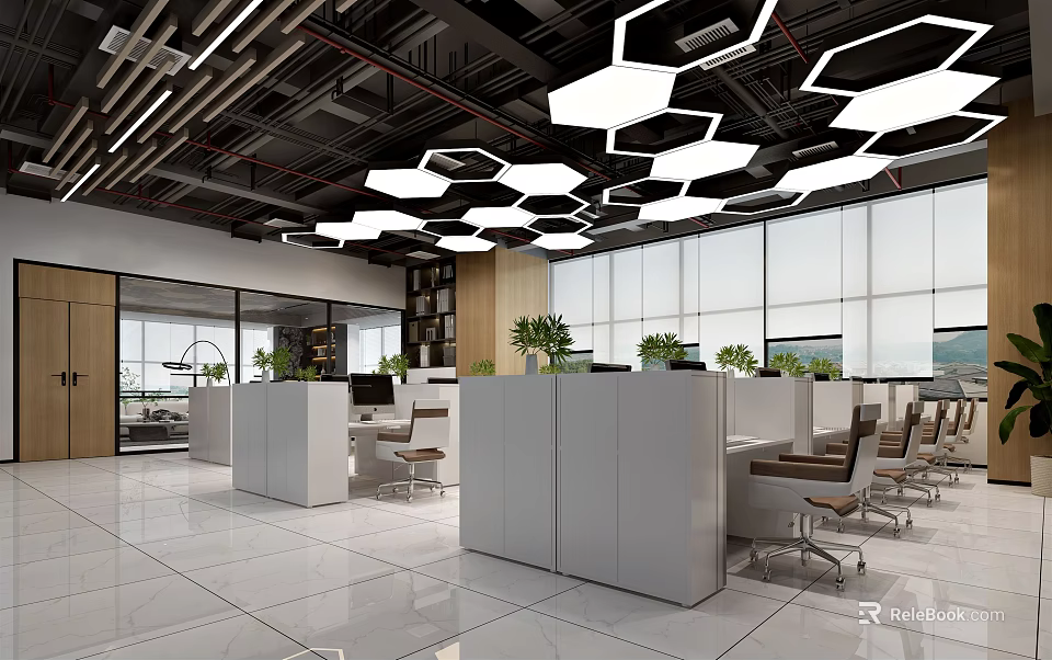 Modern Public Office Space With Hexagonal Pendant Lights Large Windows White Partitions And Green Plants 3d model 