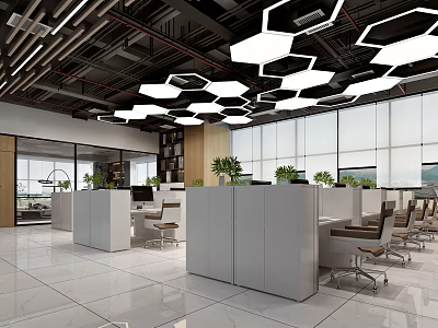 Modern Public Office Space With Hexagonal Pendant Lights Large Windows White Partitions And Green Plants 3d model