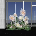 Elegant Floral Arrangement in Vase with White Pink Flowers Green Leaves Near Large Windows