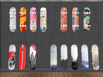 Colorful Skateboards With Various Designs As Sports Equipment Wall 3d model