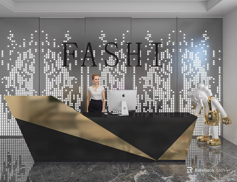 Modern Store Front Desk Interior Design With Gold Black Counter FASHL Logo Staff And Computer 3d model 