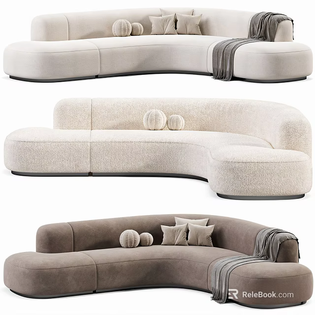 Modern Curved Fabric Sectional Sofa In Beige And Gray With Pillows And Throw Blanket 3d model 