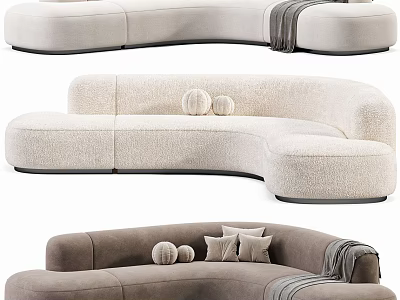 Modern Curved Fabric Sectional Sofa In Beige And Gray With Pillows And Throw Blanket 3d model