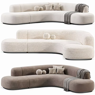 Modern Curved Fabric Sectional Sofa In Beige And Gray With Pillows And Throw Blanket 3d model