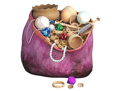 Scattered Jewelry Collection in Open Purple Bag with Pearl Necklace Rings and Colorful Gems 3d model