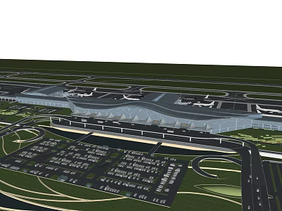 Airport Terminal Architectural Design With Runways Parking Lots And Road Networks 3d model