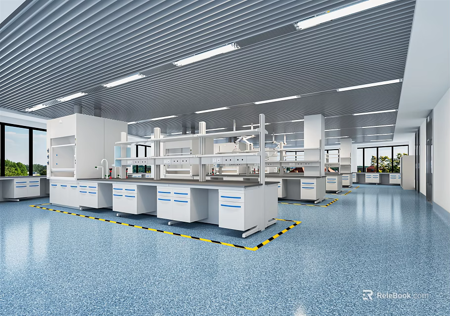Modern Laboratory Interior Design With Lab Benches Fume Hoods Ceiling Lights And Blue Flooring 3d model 