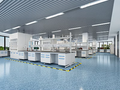 Modern Laboratory Interior Design With Lab Benches Fume Hoods Ceiling Lights And Blue Flooring 3d model