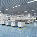 Modern Laboratory Interior Design With Lab Benches Fume Hoods Ceiling Lights And Blue Flooring