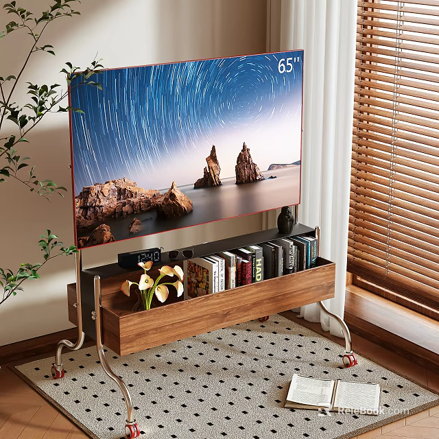 Modern Wooden TV Stand with 65 Inch TV Books and Decorations in Living Room 3d model 