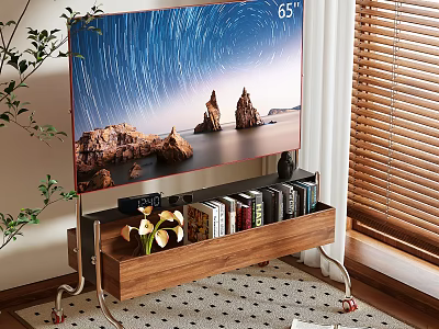 Modern Wooden TV Stand with 65 Inch TV Books and Decorations in Living Room 3d model