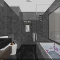 Luxurious Modern Hotel Bathroom Interior With Marble Walls Glass Shower And Bathtub With Flower Petals