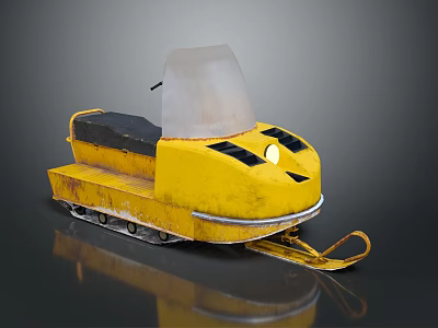 Yellow Worn Snowmobile With Black Seat Transparent Windshield Tracks And Skis 3d model