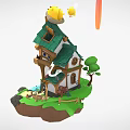 Cartoon Scene With Small Wooden House Chickens On Roof Sun Waterfall Green Grass And Stones