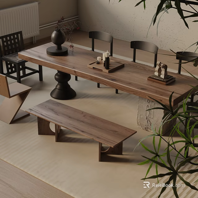 Modern Wooden Dining Table Set With Black Chairs And Green Plant Indoor 3d model 