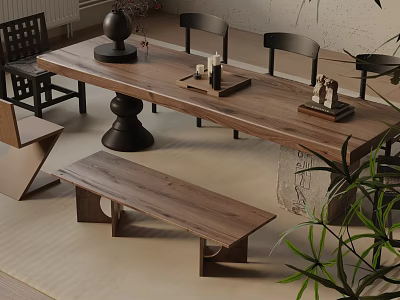 Modern Wooden Dining Table Set With Black Chairs And Green Plant Indoor 3d model
