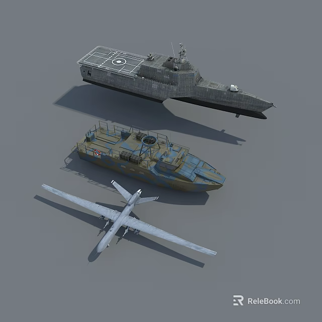 Warship with Small Camouflage Boat and Propeller Aircraft in Military Naval 3d model 
