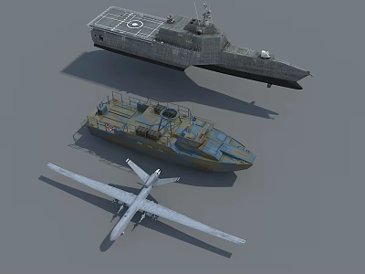 Warship with Small Camouflage Boat and Propeller Aircraft in Military Naval 3d model