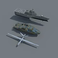Warship with Small Camouflage Boat and Propeller Aircraft in Military Naval
