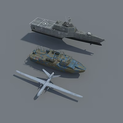Warship with Small Camouflage Boat and Propeller Aircraft in Military Naval 3d model Warship with Small Camouflage Boat and Propeller Aircraft in Military Naval 3d model