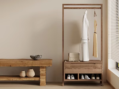 Minimalist Entryway Storage With Wooden Coat Rack Bench Shoes Bag And Vases 3d model