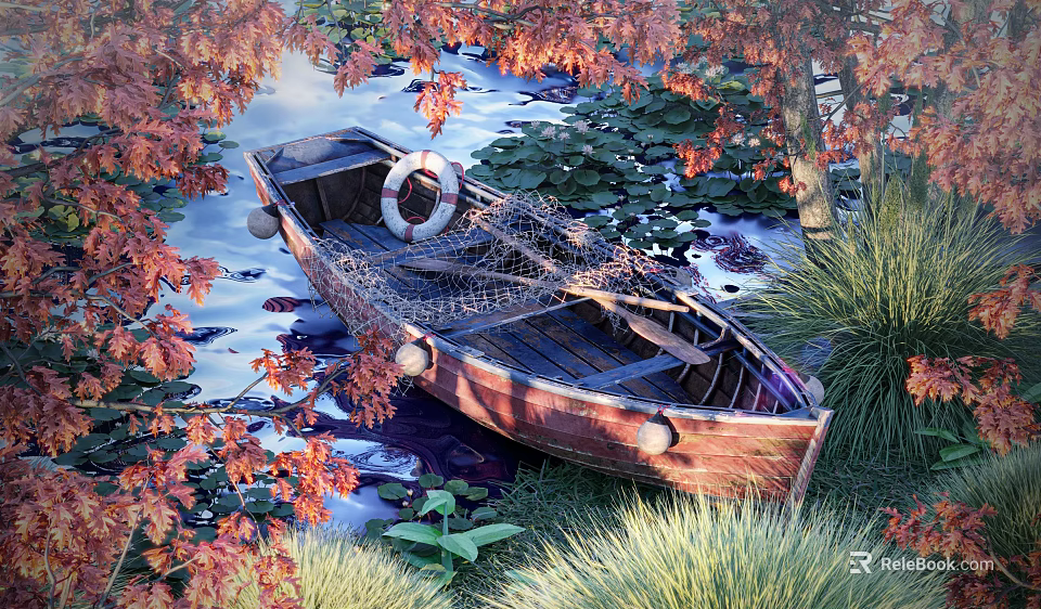 Serene Garden Landscape With Old Wooden Boat Red Autumn Leaves Lily Pads And Water 3d model 