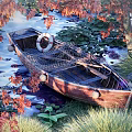 Serene Garden Landscape With Old Wooden Boat Red Autumn Leaves Lily Pads And Water