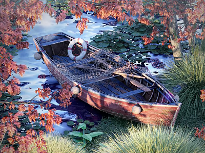 Serene Garden Landscape With Old Wooden Boat Red Autumn Leaves Lily Pads And Water 3d model