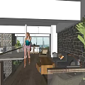 Public Office Space With Brick Walls Glass Doors Conference Table Staircase And Neon Sign Plants
