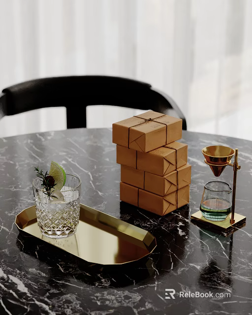 Stacked Brown Paper Boxes With Glassware Golden Funnel And Gold Tray On Marble Tabletop 3d model 