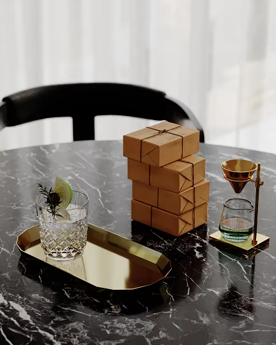 Stacked Brown Paper Boxes With Glassware Golden Funnel And Gold Tray On Marble Tabletop 3d model
