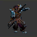 Man in Decorated Blue and Gold Armor Holding Weapon in Battle Stance