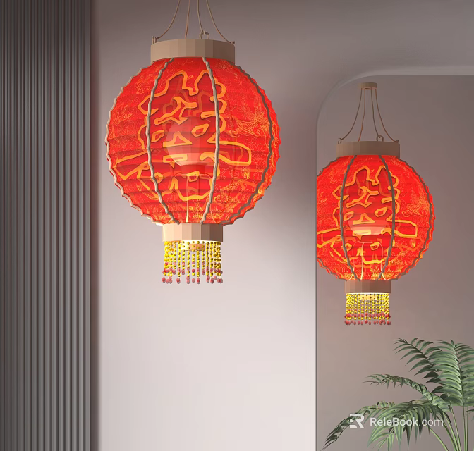 Red Decorative Lanterns With Golden Xi Characters And Tassels In Indoor Setting 3d model 