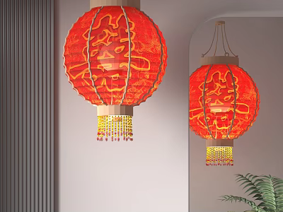 Red Decorative Lanterns With Golden Xi Characters And Tassels In Indoor Setting 3d model