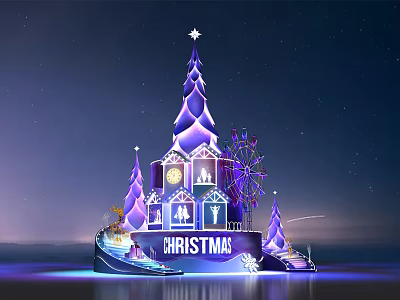 Christmas Window Display with Purple Castle Ferris Wheel Christmas Trees and Starry Sky 3d model