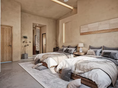 Cozy Hotel Guest Room With Twin Beds Beige Walls Wooden Accents And Area Rug 3d model