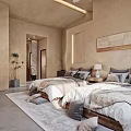 Cozy Hotel Guest Room With Twin Beds Beige Walls Wooden Accents And Area Rug