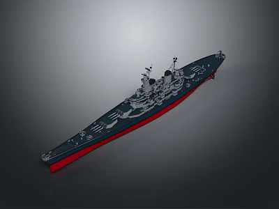 3D Warship Model with Deep Blue Hull Red Bottom Superstructure and Weaponry 3d model