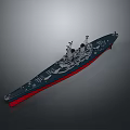 3D Warship Model with Deep Blue Hull Red Bottom Superstructure and Weaponry 3d model
