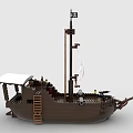 Brick Pirate Ship Model With White Sail Black Flag Cannons Ladder And Minifigures