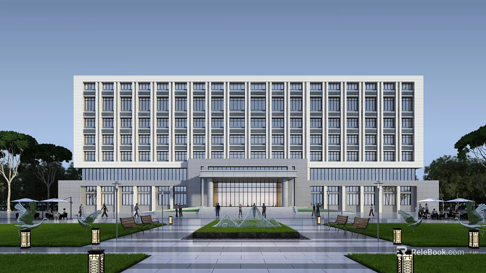 Modern Contemporary Office Building Exterior With Large Glass Windows And Green Lawn Area 3d model 