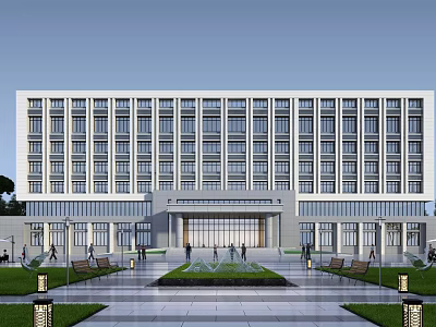 Modern Contemporary Office Building Exterior With Large Glass Windows And Green Lawn Area 3d model