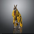 Kangaroo Standing Wearing Yellow Cloak And Red Bead Necklace Against Gray Background With Floor Reflection