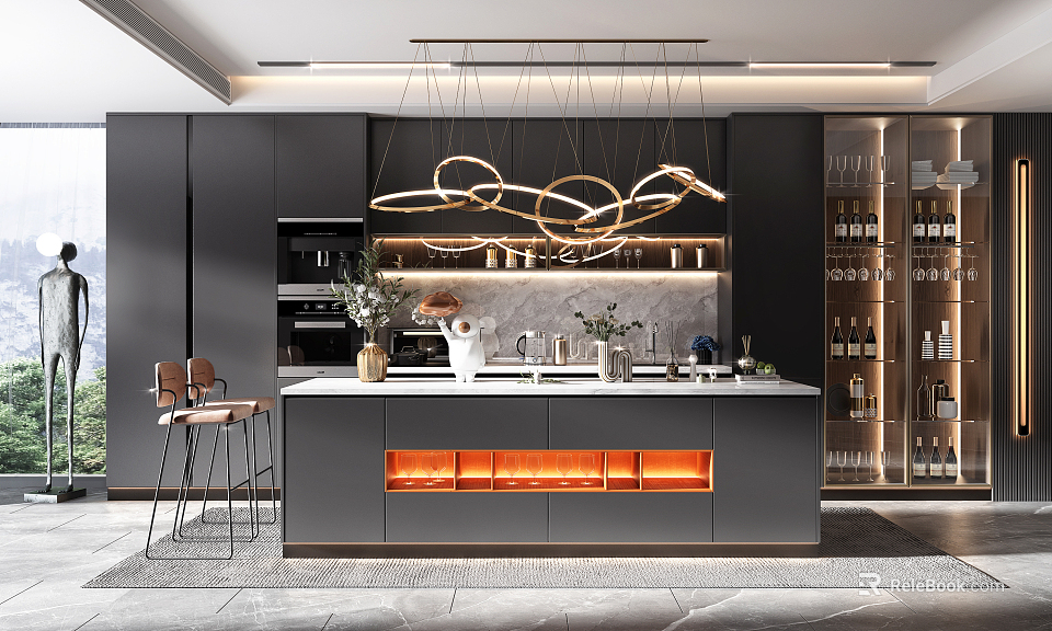 Modern Dark Kitchen Interior With Central Island Pendant Lights And Wine Cabinets 3d model 