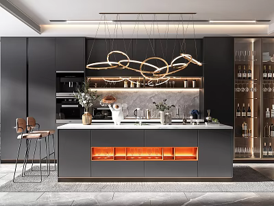 Modern Dark Kitchen Interior With Central Island Pendant Lights And Wine Cabinets 3d model