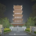 Traditional Chinese Pagoda At Night With Moon And Trees