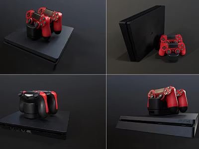 Modern Black Game Console With Red Controller In Various Display Angles 3d model