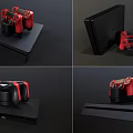 Modern Black Game Console With Red Controller In Various Display Angles