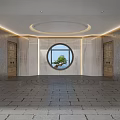 Exclusive Clubhouse Corridor Interior with Stone Walls Statue Wooden Door and Natural Light